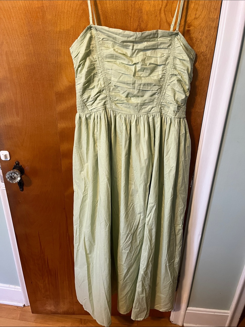 American Eagle Outfitters Pale Green Ruched Bust Spaghetti Strap Maxi Dress